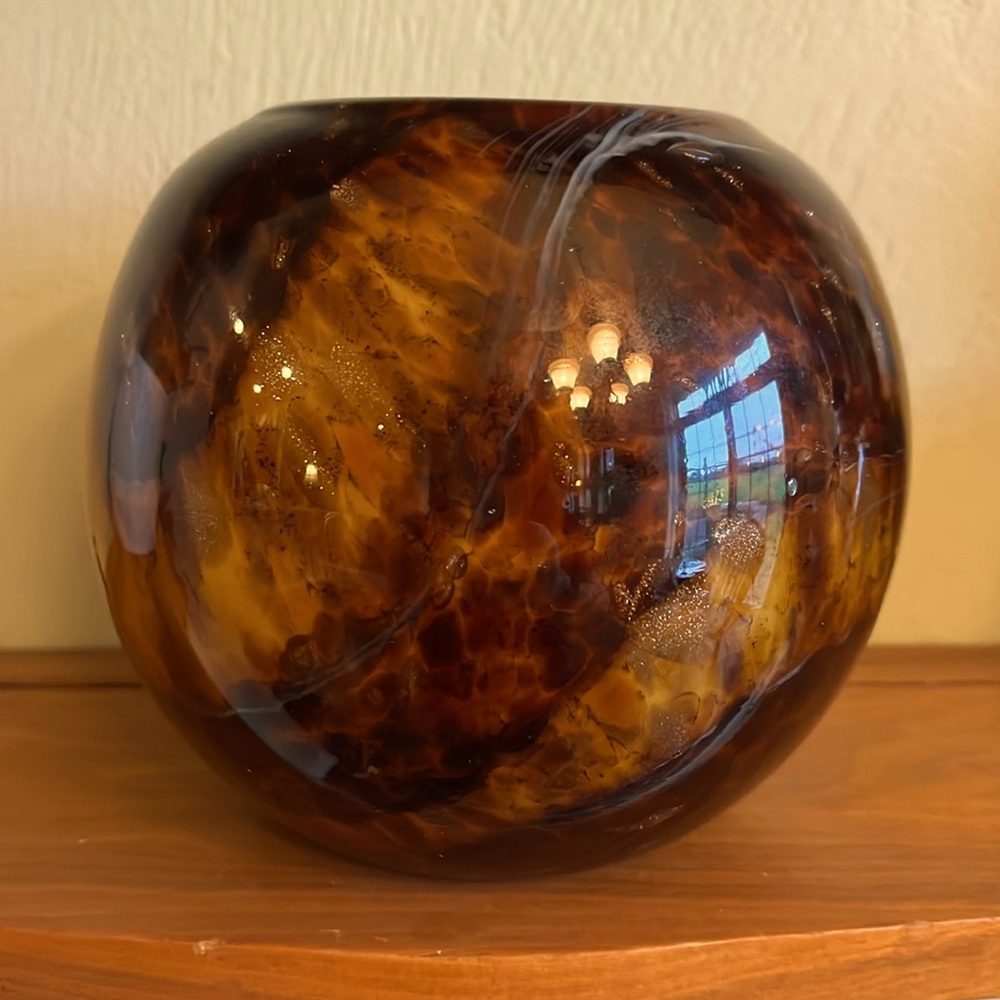 HQT Glass Rich Brown Tiger Eye style round vase fall colors gold